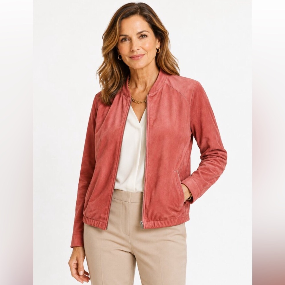 2/$30 Chico's Peach Coral Vegan Suede Moto Nehru Collar Jacket Sz 2 (L)